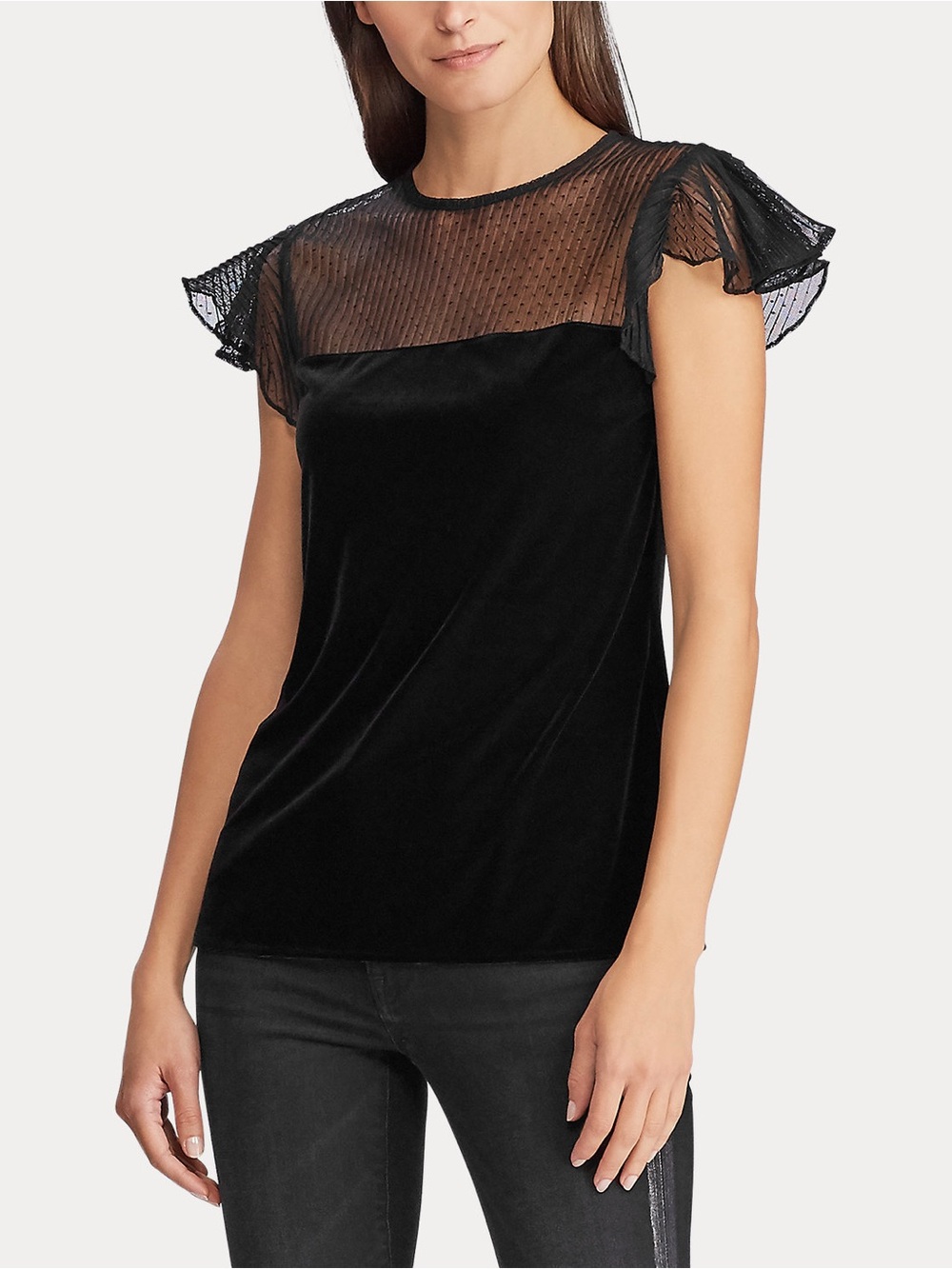 Lauren Ralph Lauren Black Mesh-Yoke Velvet Shirt NWT